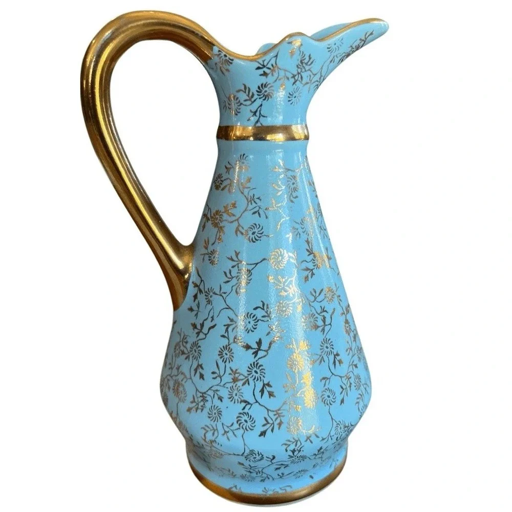 Vintage Pearl China Tiffany Blue Mini Pitcher Creamer Bud Vase 22KT Gold Cottage